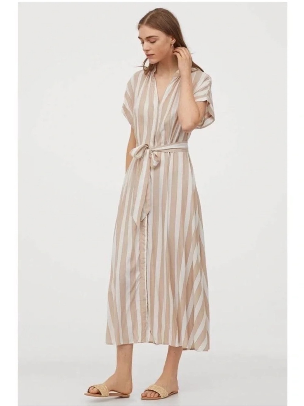H&M Taupe and White Striped V-Neck Maxi Dress with Tie Waist